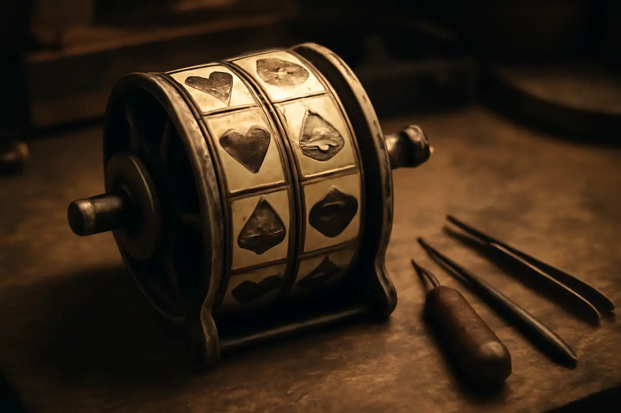 Reel drum of a mechanical slot machine on a workbench